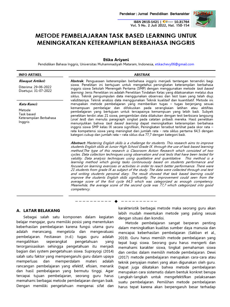 Metode Pembelajaran Task Based Learning Untuk Meningkatkan Keterampilan ...