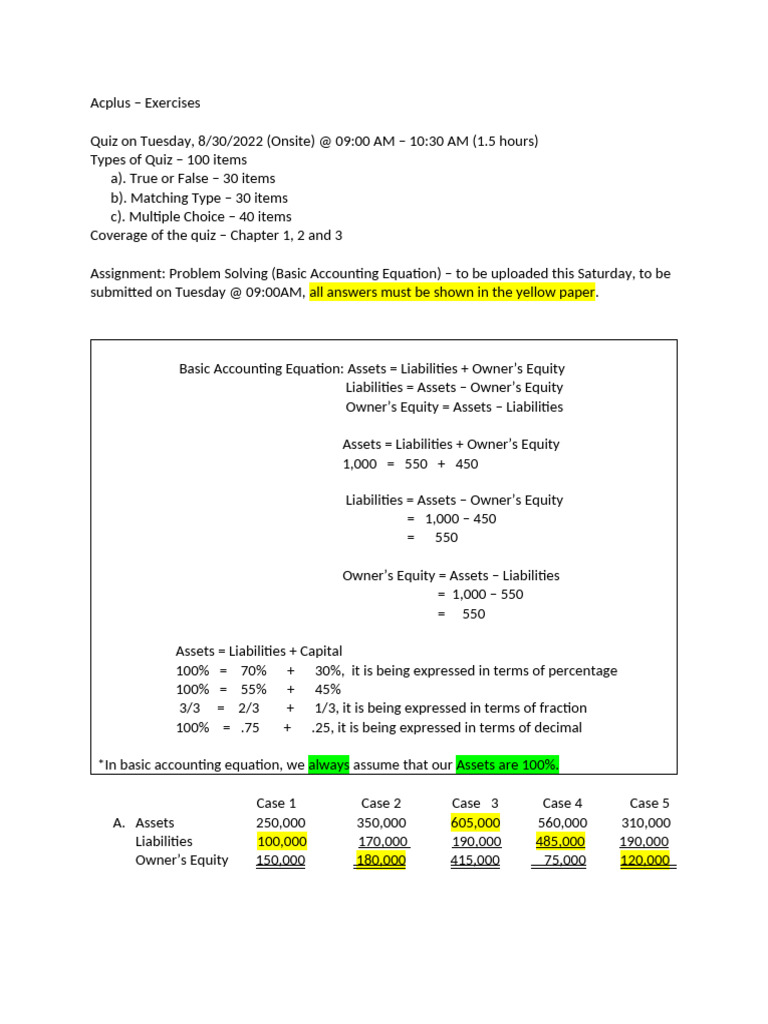 Basic Accounting Equation - Activity | PDF
