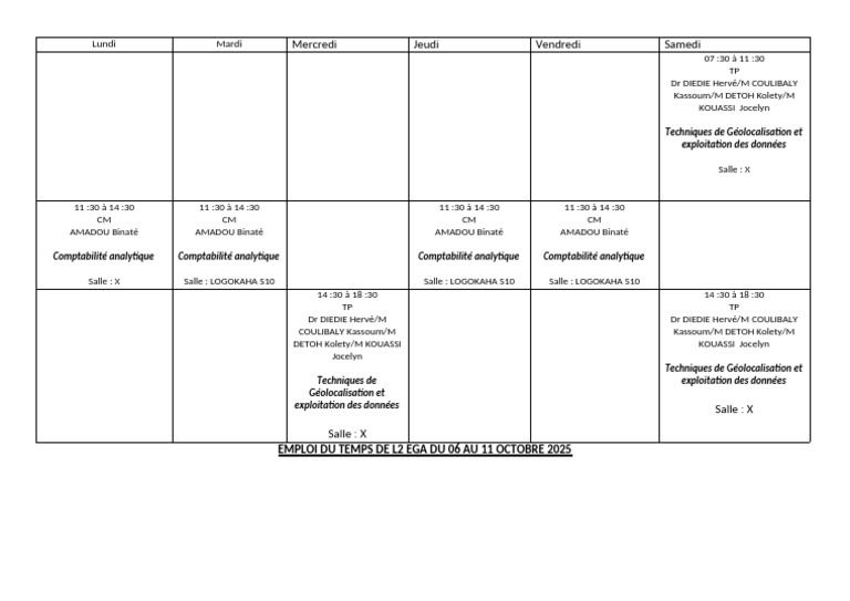 Mercredi Jeudi Vendredi Samedi: Emploi Du Temps de L2 Ega Du 06 Au 11 ...