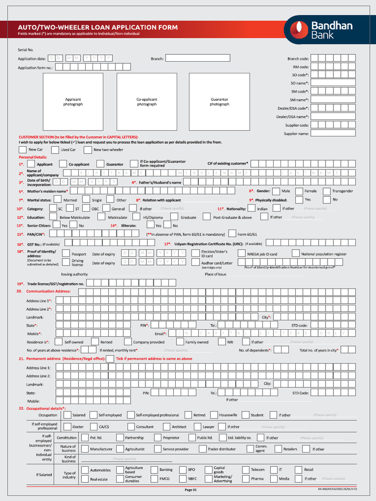 Auto and Two Wheeler Loan Application Form 05022026 | PDF