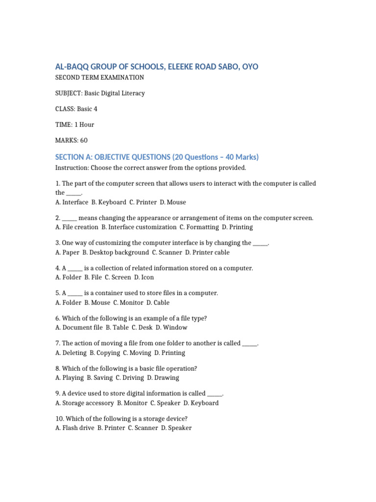 Basic4 Digital Literacy Exam | PDF