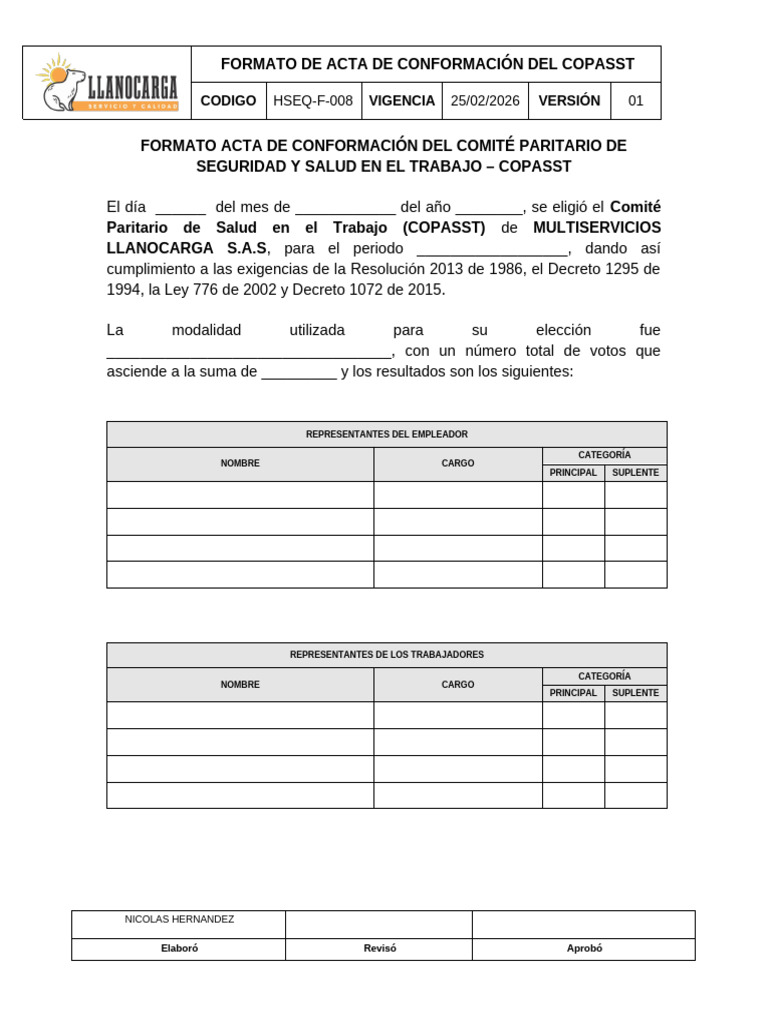 HSEQ-F-008 Formato de Acta de Conformación Del COPASST | PDF