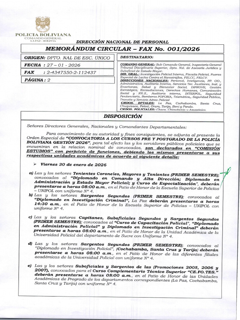Convocatoria A Los Cursos de Pre y Postgrado de La Policia Boliviana ...