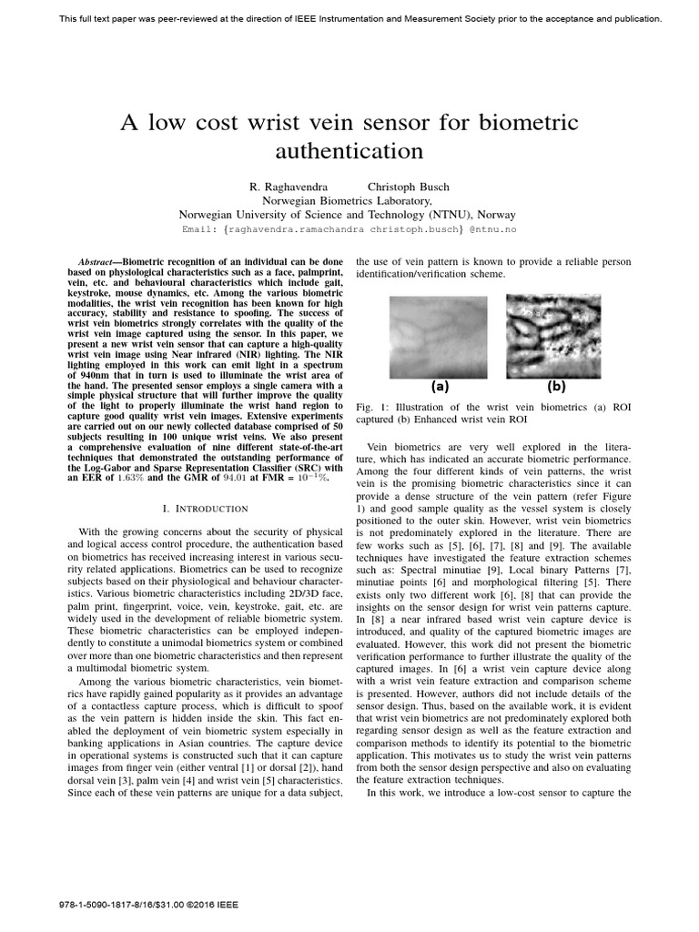 A Low Cost Wrist Vein Sensor For Biometric Authentication | PDF