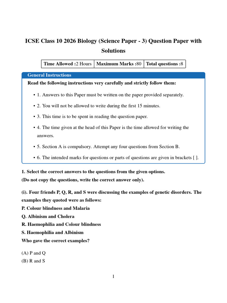 ICSE Class 10 2026 Biology Science Paper 3 Question Paper With ...