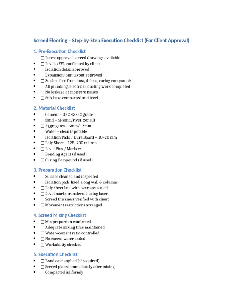 Screed Flooring Execution Checklist | PDF