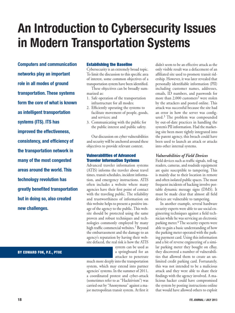 An Introduction To Cybersecurity Issues in Modern Transportation ...