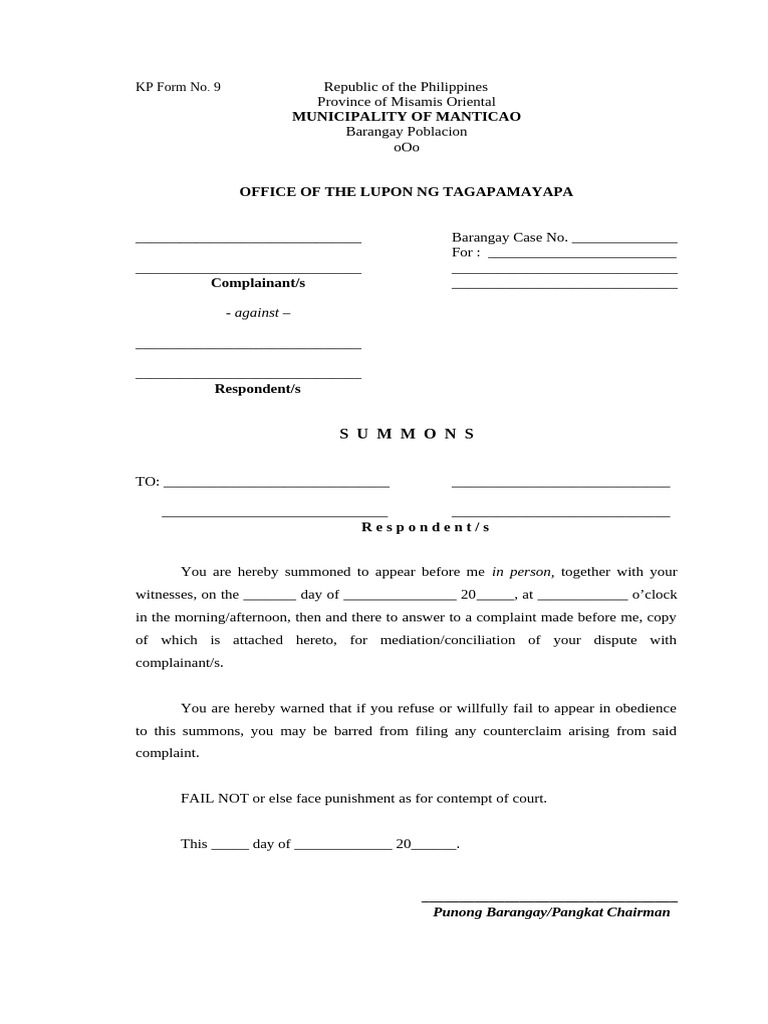 KP Form No.9 - Summons | PDF