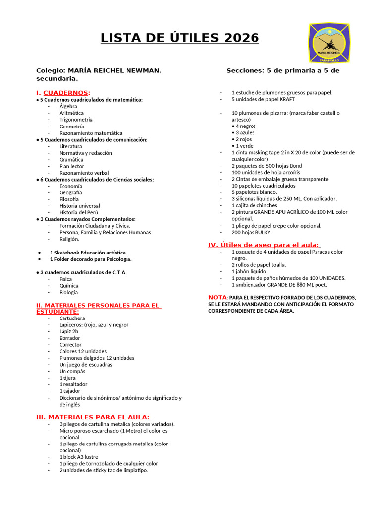 Lista de Útiles 2026 Secundaria | PDF