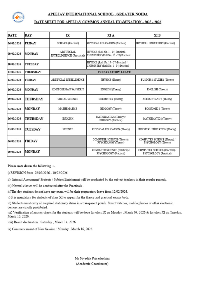 IX XI Datesheet of Common Annual Exam-2025-26 | PDF