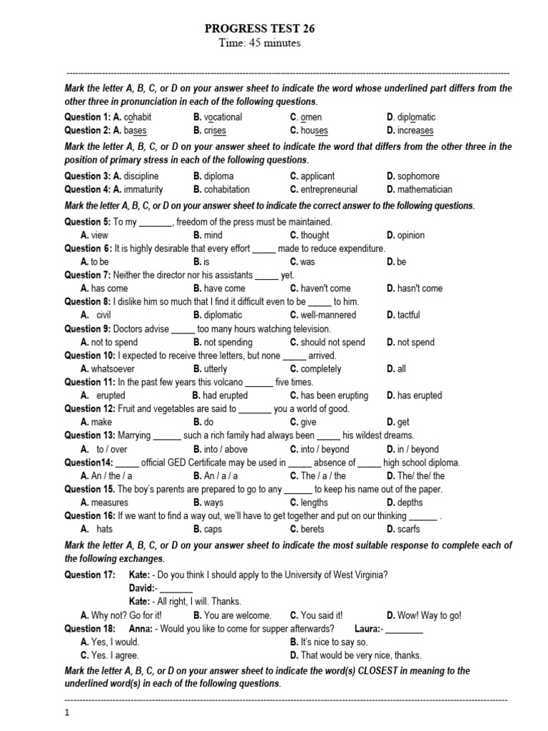 Progress Test 26 | PDF