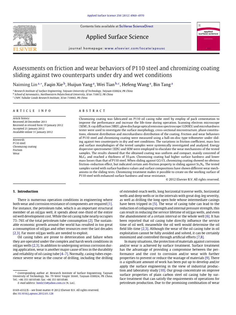 《Applied Surface Science》-Assessments on Friction and Wear Behaviors of ...