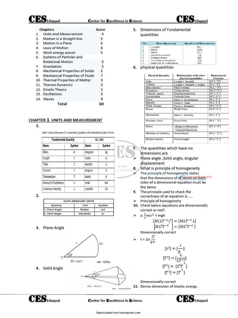 Plus One Physics Short Notes For Final Preparation | PDF
