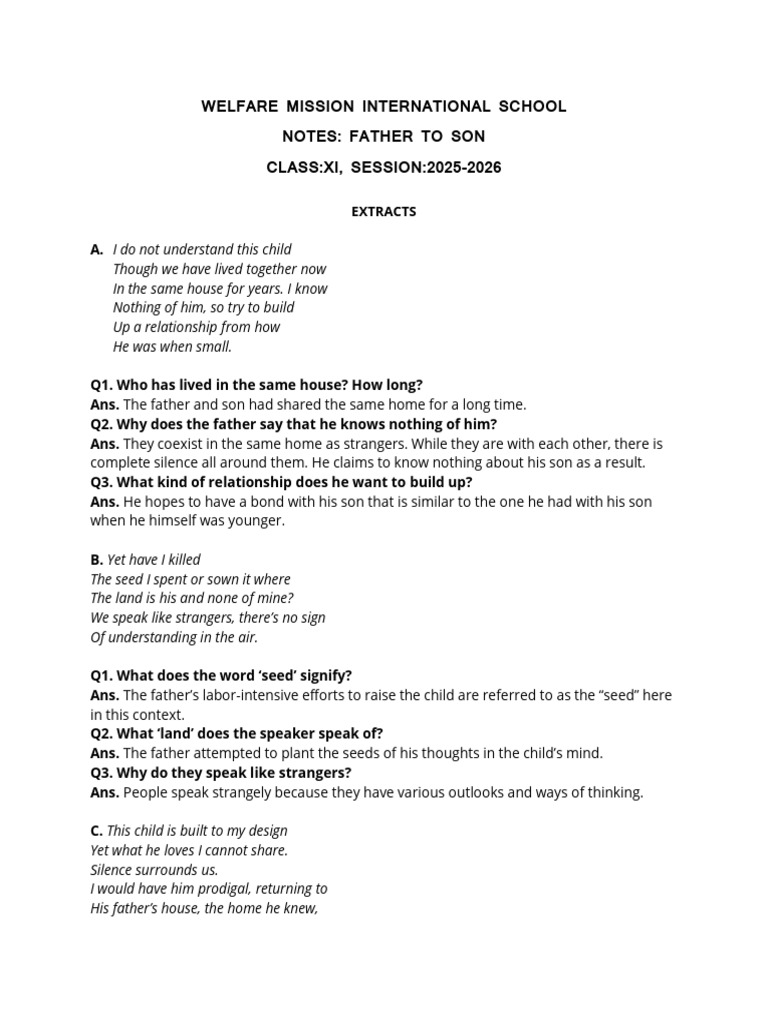 Notes Father To Son Class XI | PDF