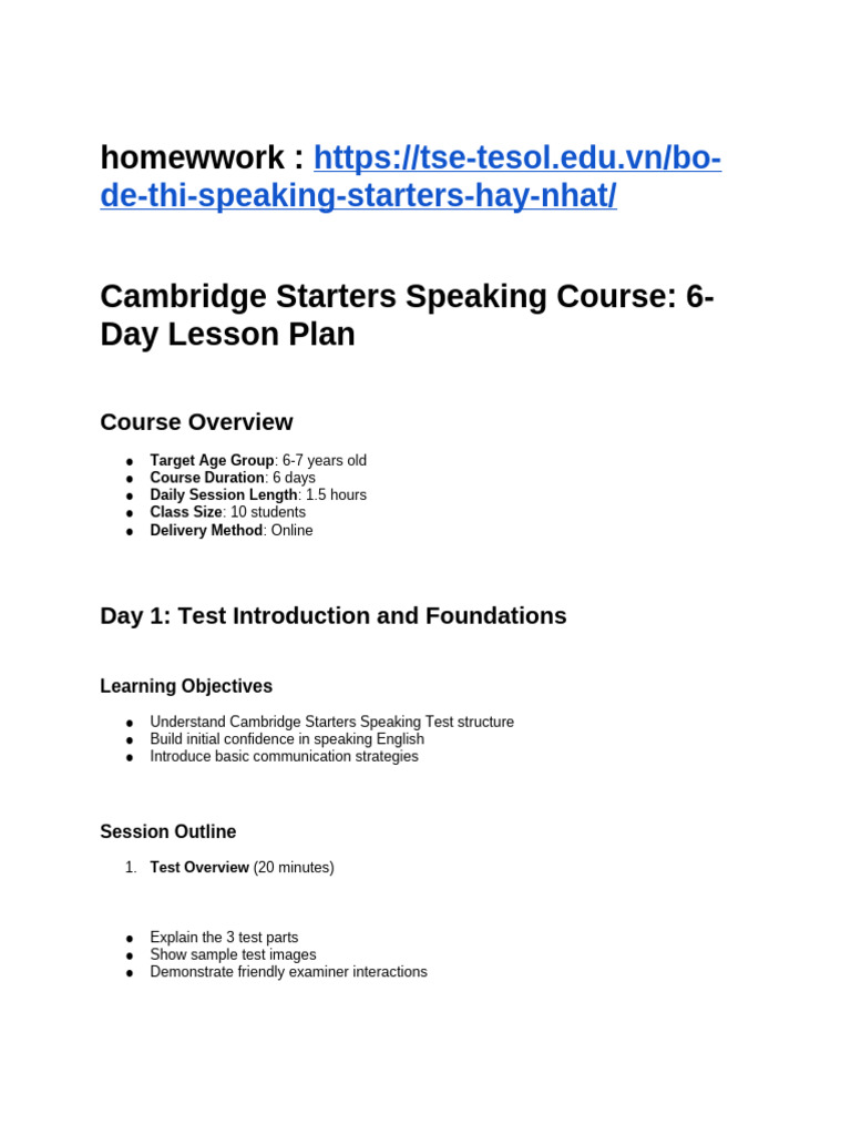 Starters Speaking Course Plan | PDF