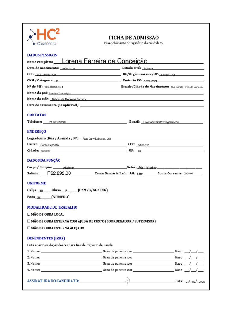 Consórcio HC2 - Ficha de Admissão | PDF