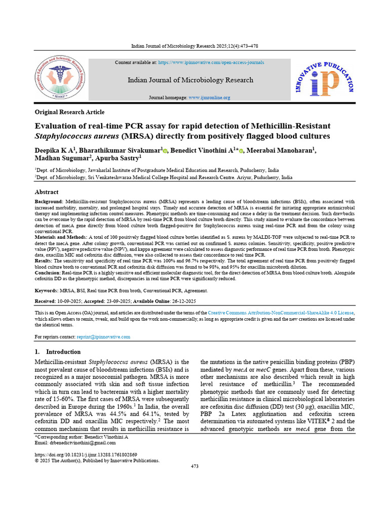 Evaluation of Real-Time PCR Assay For Rapid Detection of Methicillin ...