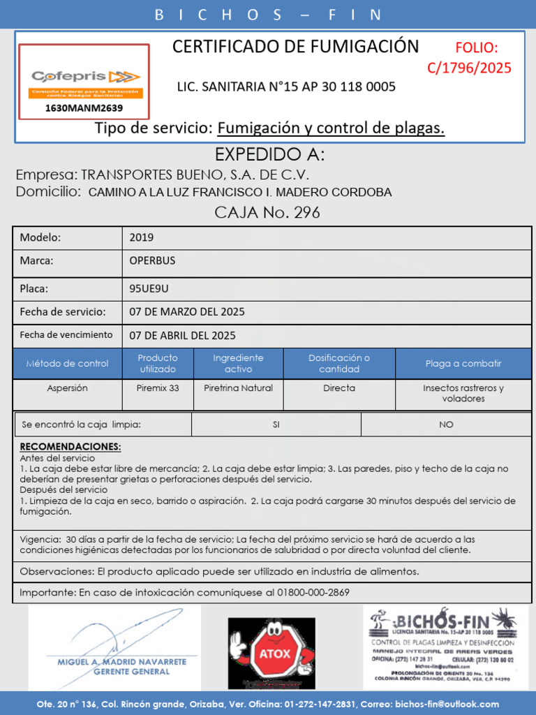Tipo de Servicio: Fumigación y Control de Plagas | PDF