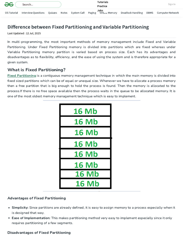 Difference Between Fixed Partitioning and Variable Partitioning | PDF
