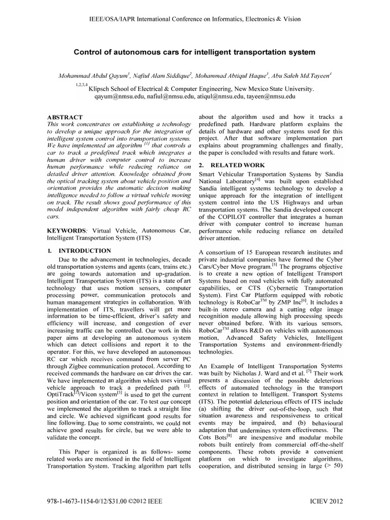 Control of Autonomous Cars For Intelligent Transportation System ...