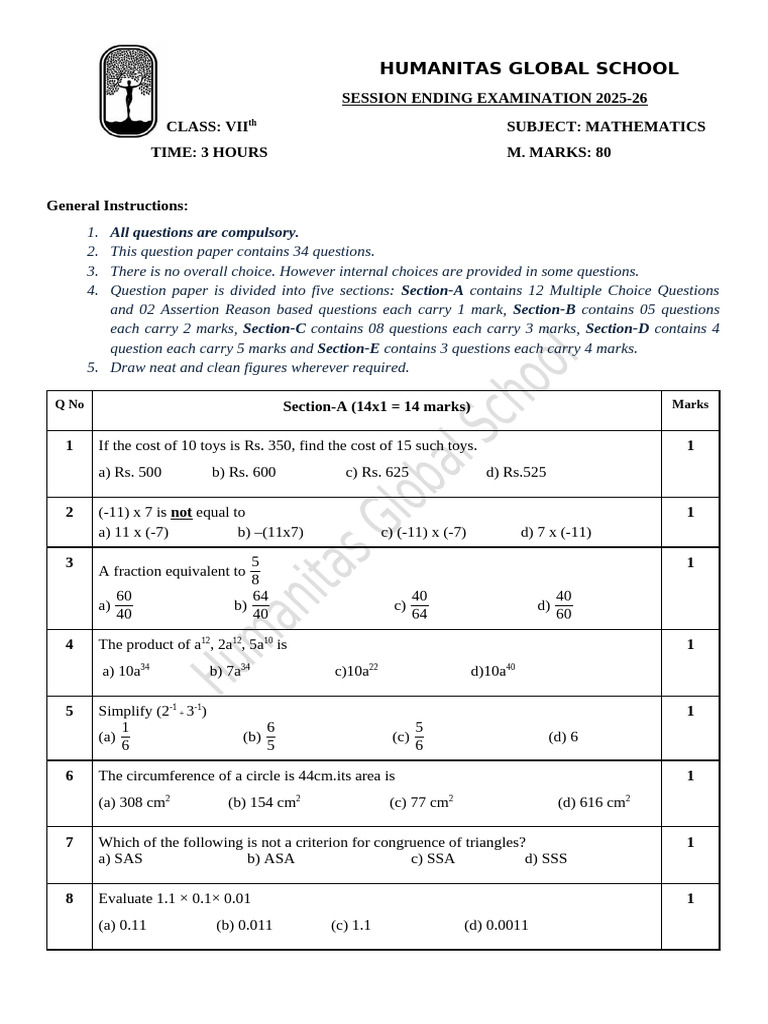 Annual Q Paper Class 7th 2025-26 | PDF | Mathematical Concepts | Number ...