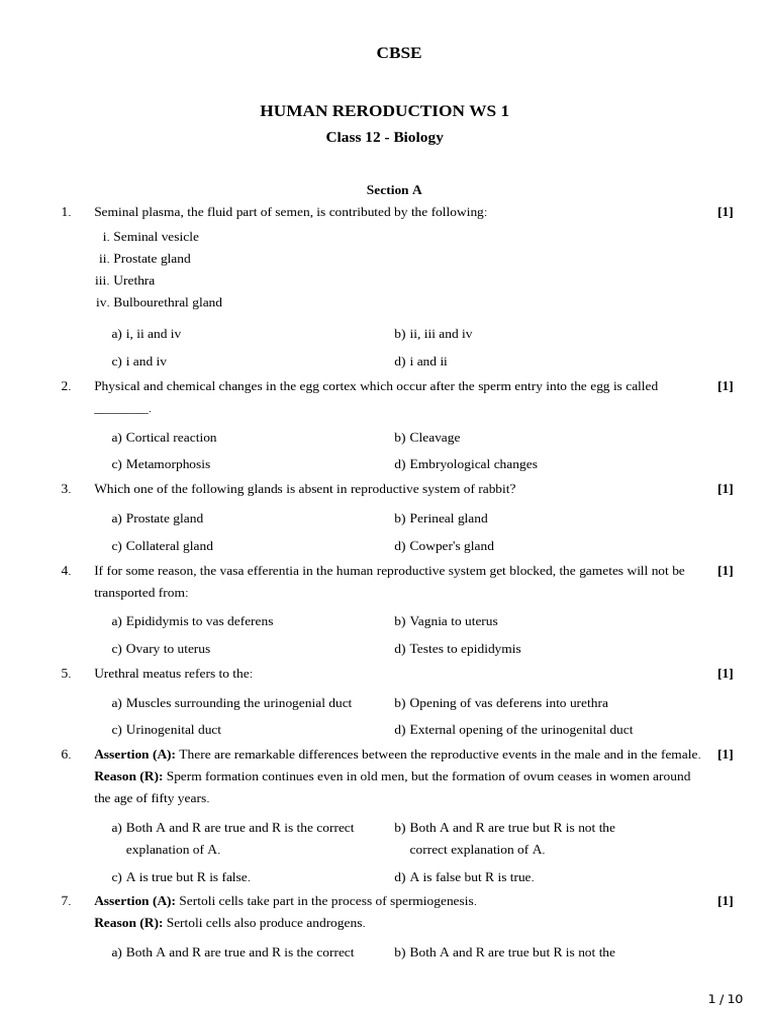 Human Reproduction WS 1 QUESTIONS | PDF
