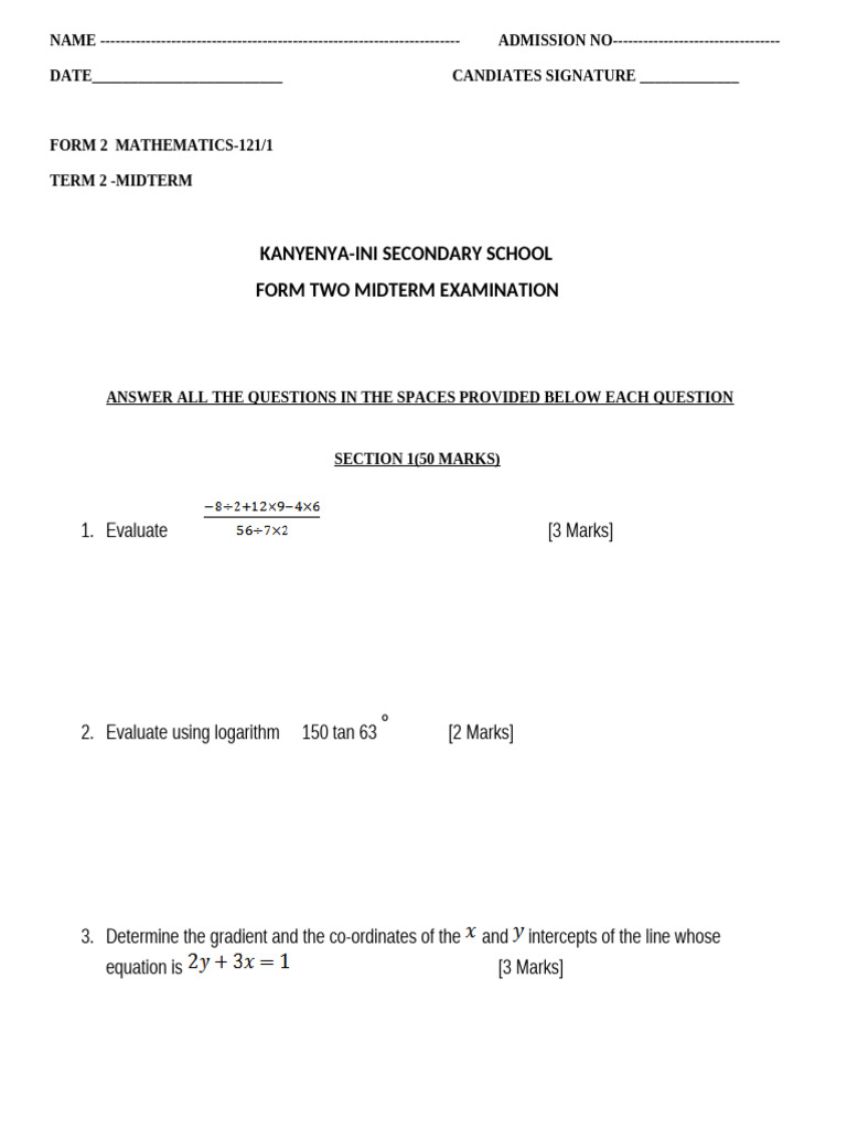 Mathematics Form 2 Midterm 2025 | PDF