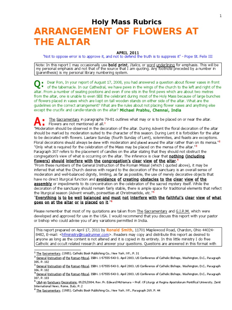 Holy Mass RubricsFlower Arangements The Altar Praying in Tongues Non