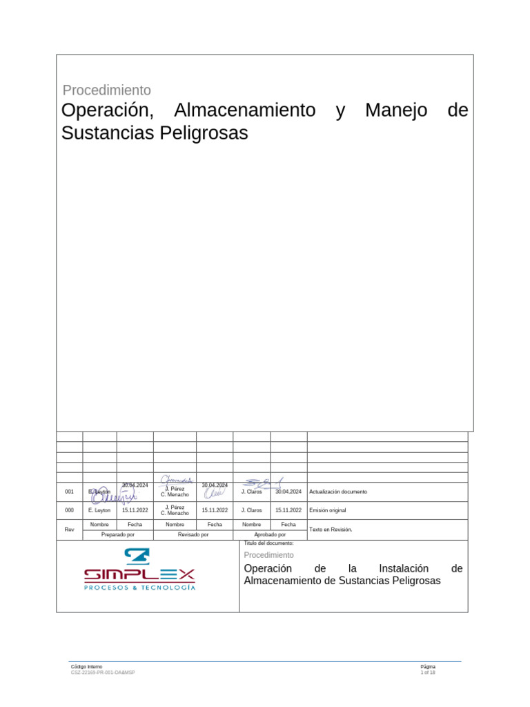 Procedimiento Operación, Almacenamiento y Manejo de Sustancias ...