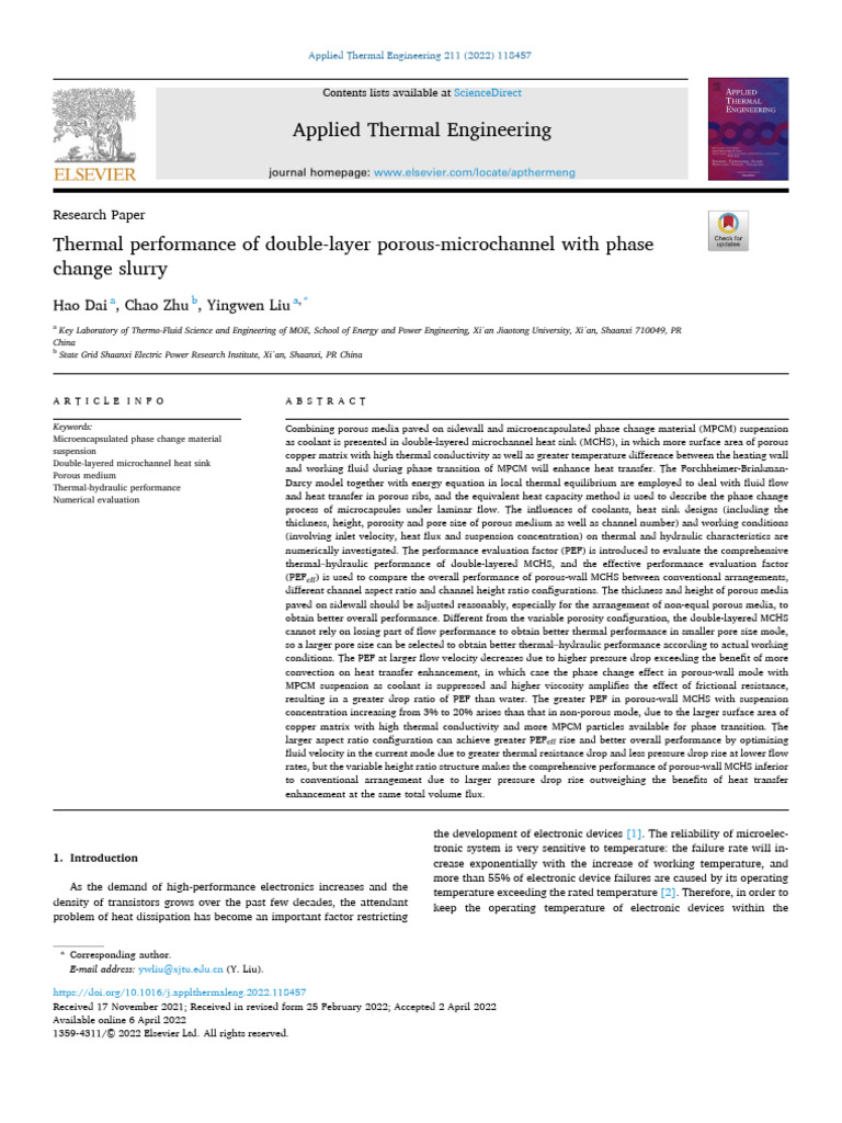 Thermal Performance of Double-Layer Porous-Microchannel With Phase | PDF