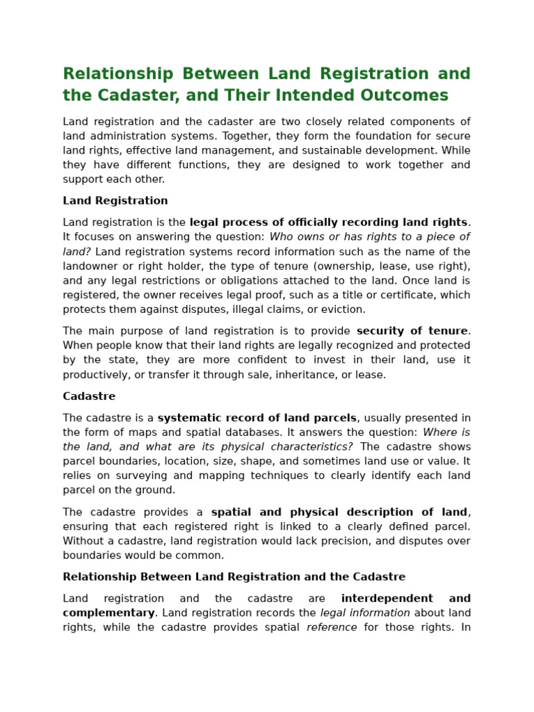 Relationship Between Land Registration and The Cadaster, and Their ...