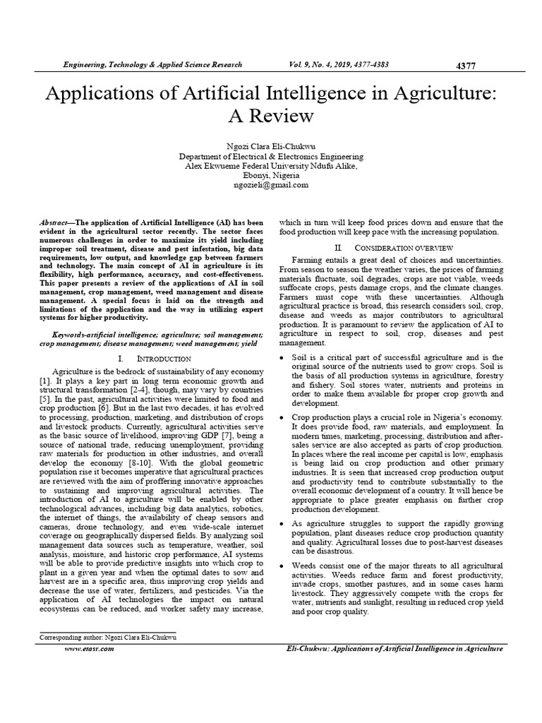 Applications of Artificial Intelligence in Agriculture A 4cx8o7onnh | PDF