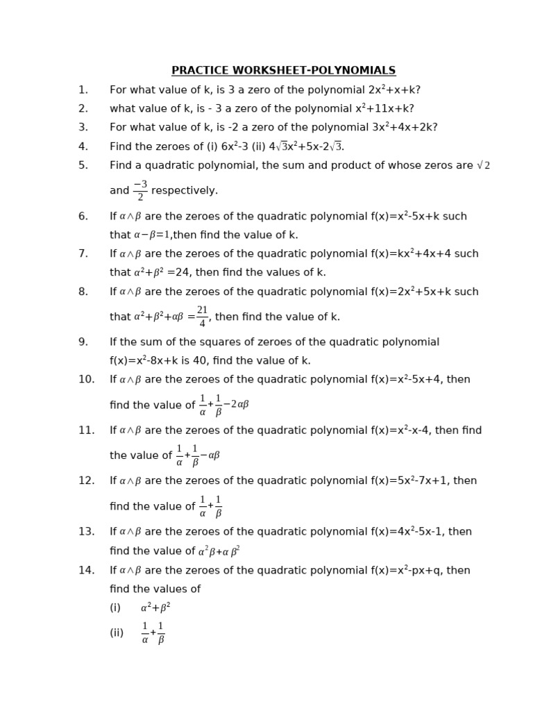 Practice Worksheet 1-Polynomials | PDF