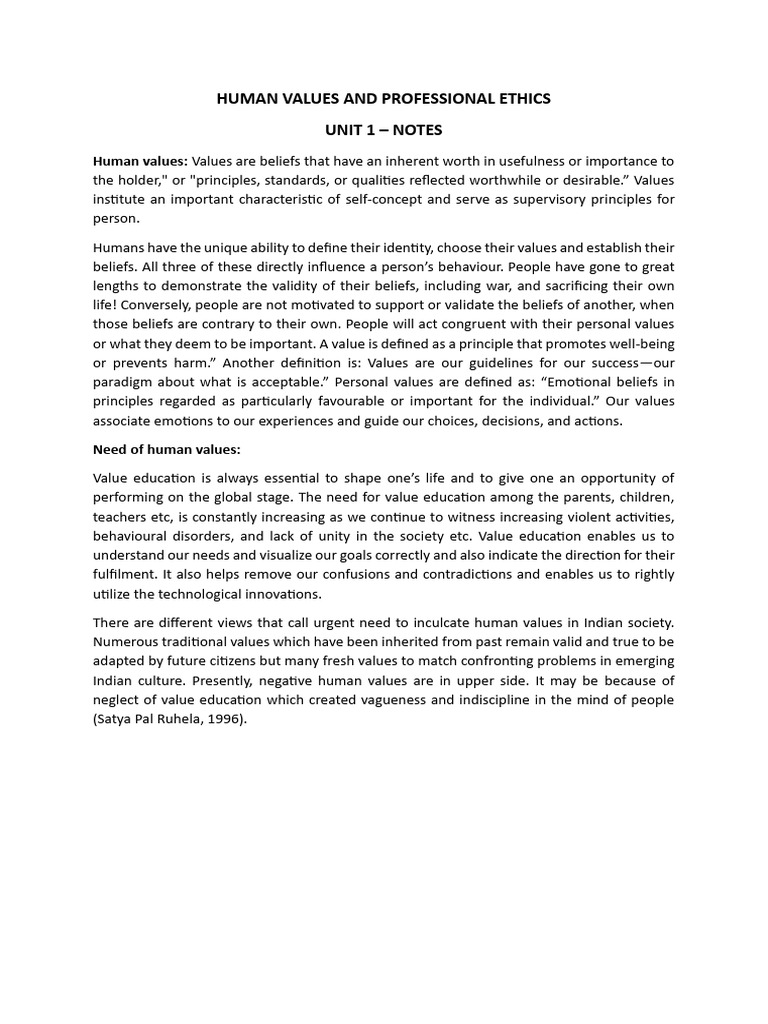 Human Values and Professional Ethics Unit 1 | PDF