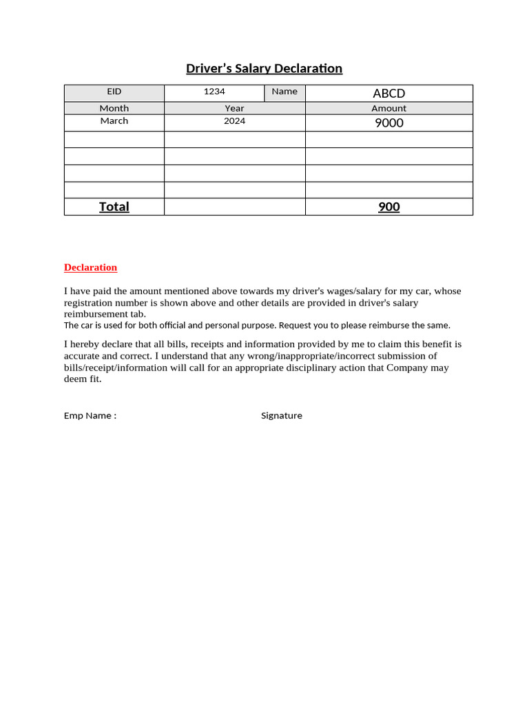 Driver Salary Declaration | PDF