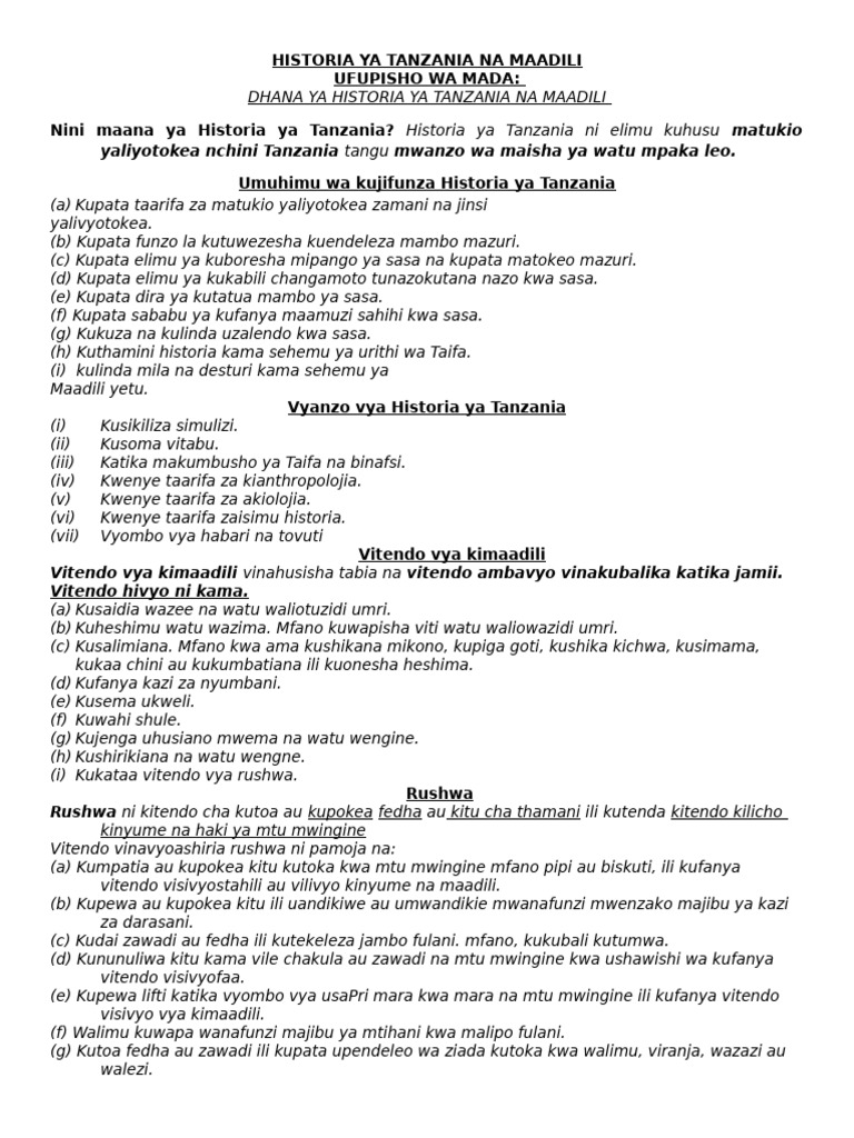 Dhana Ya Historia Ya Tanzania Na Maadili | PDF