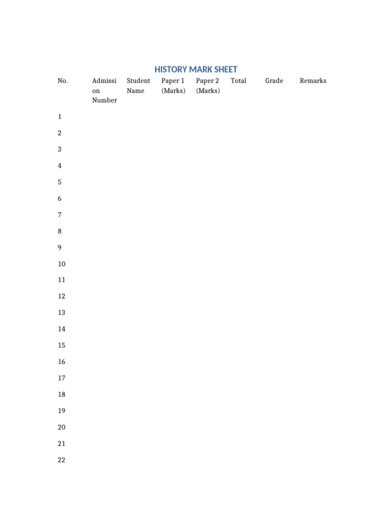 History Mark Sheet 200 Students Separate Pages | PDF
