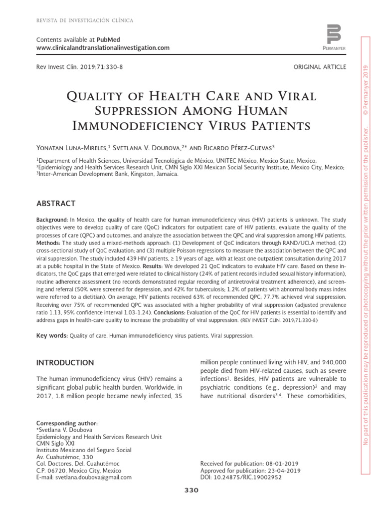 Quality of HC and Viral Suppression Among HIV Patients | PDF