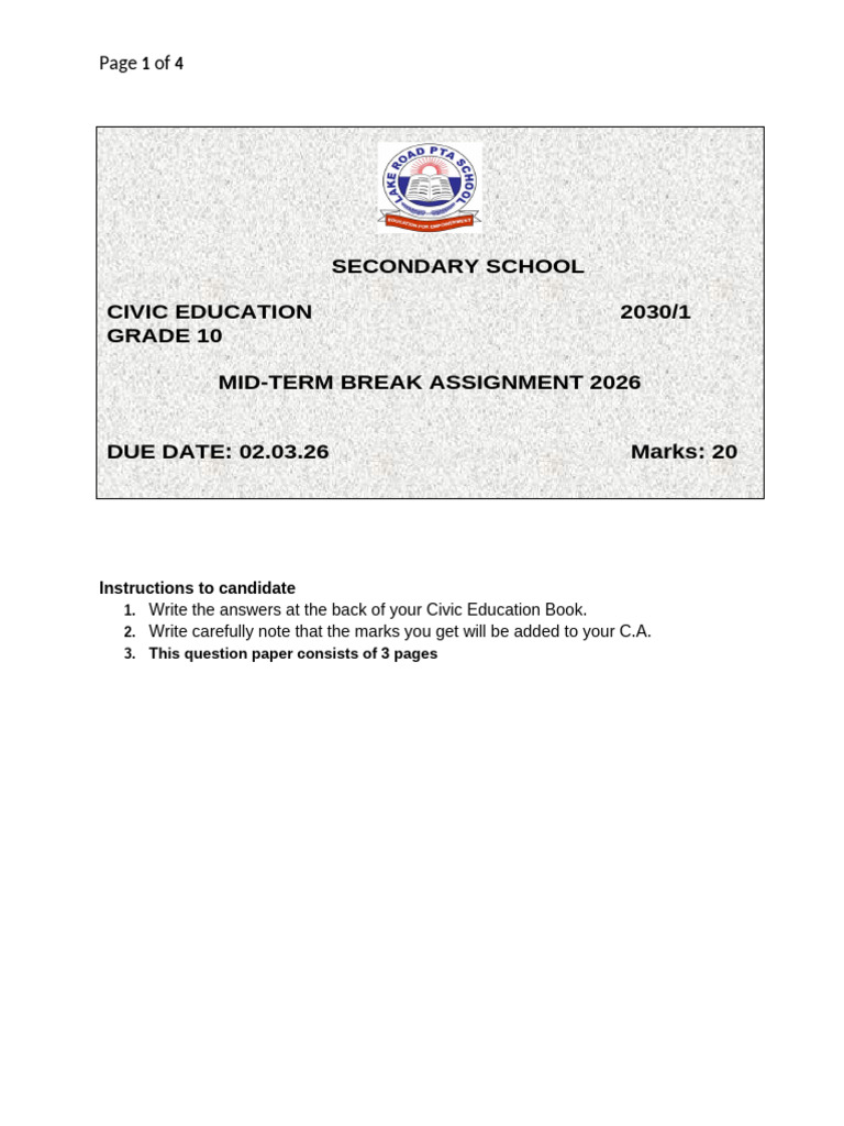 G-10 Mid Term Break Assignment 1 Civic Ed 2026 | PDF