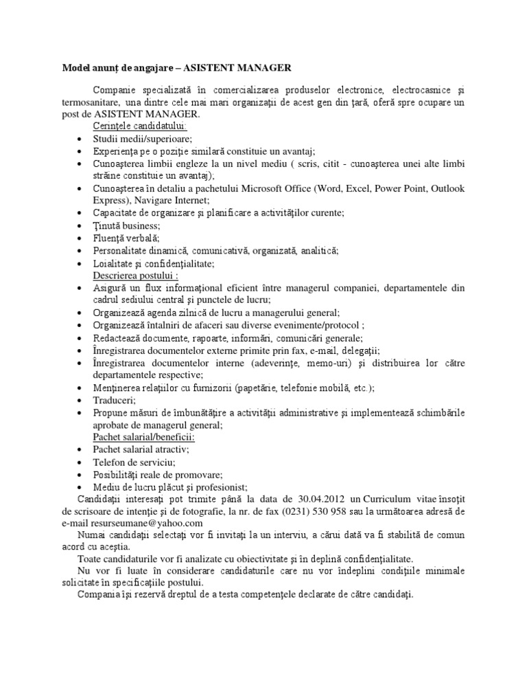 Model anunţ de angajare