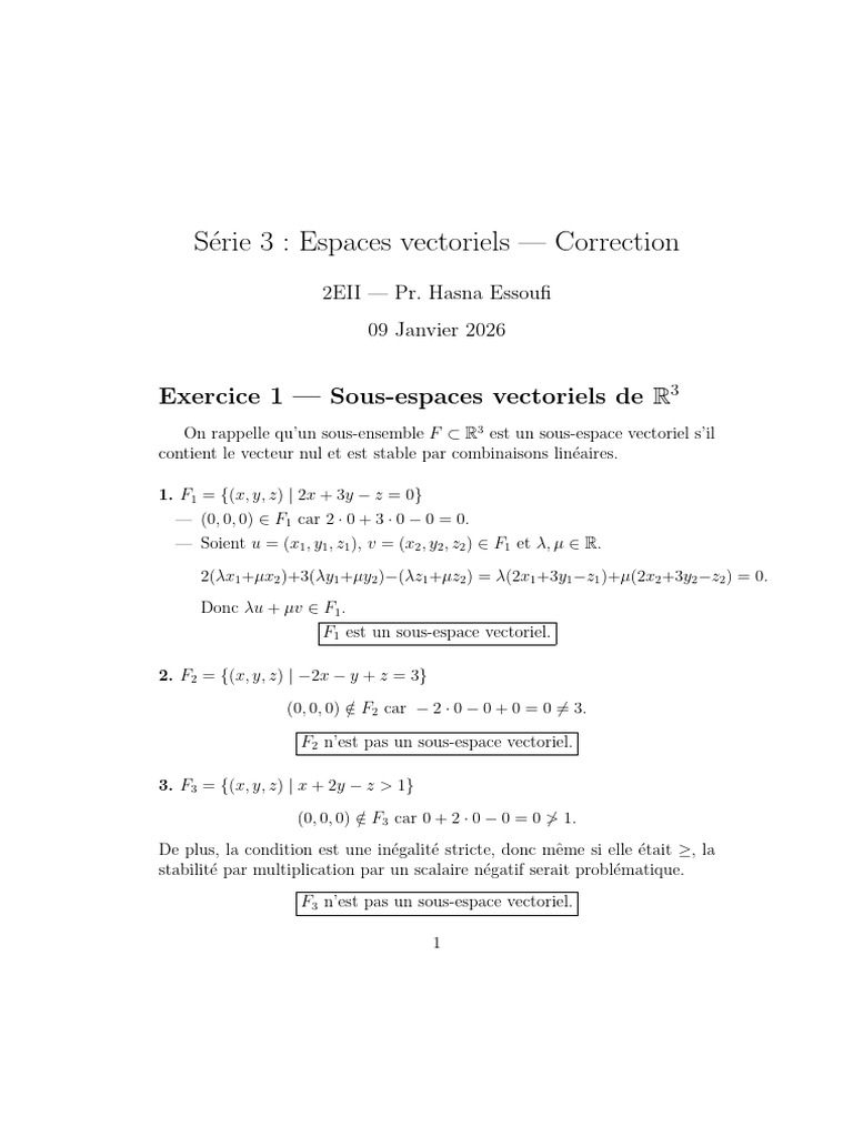 Série 3 Espaces Vectoriels Correction | PDF