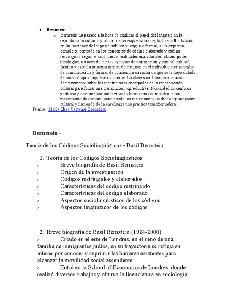 Códigos lingüísticos de Basil Bernstein | PDF | Sociolingüística ...
