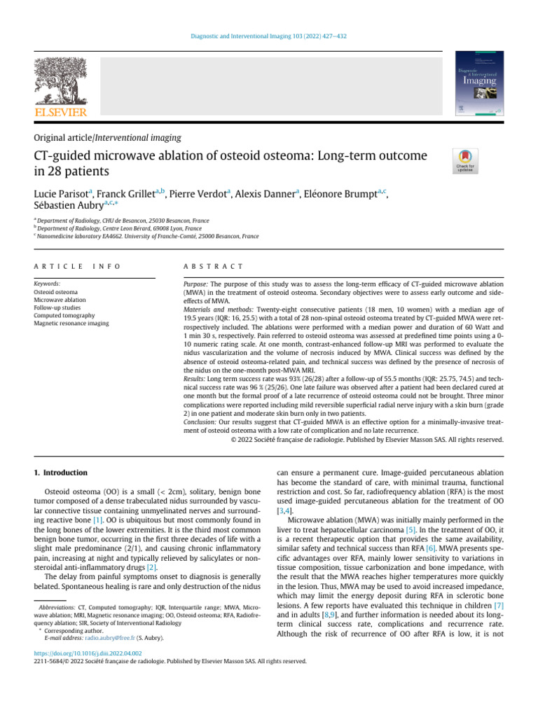 CT Guided Microwave Ablation of Osteoid Osteoma Long Term Outcome | PDF