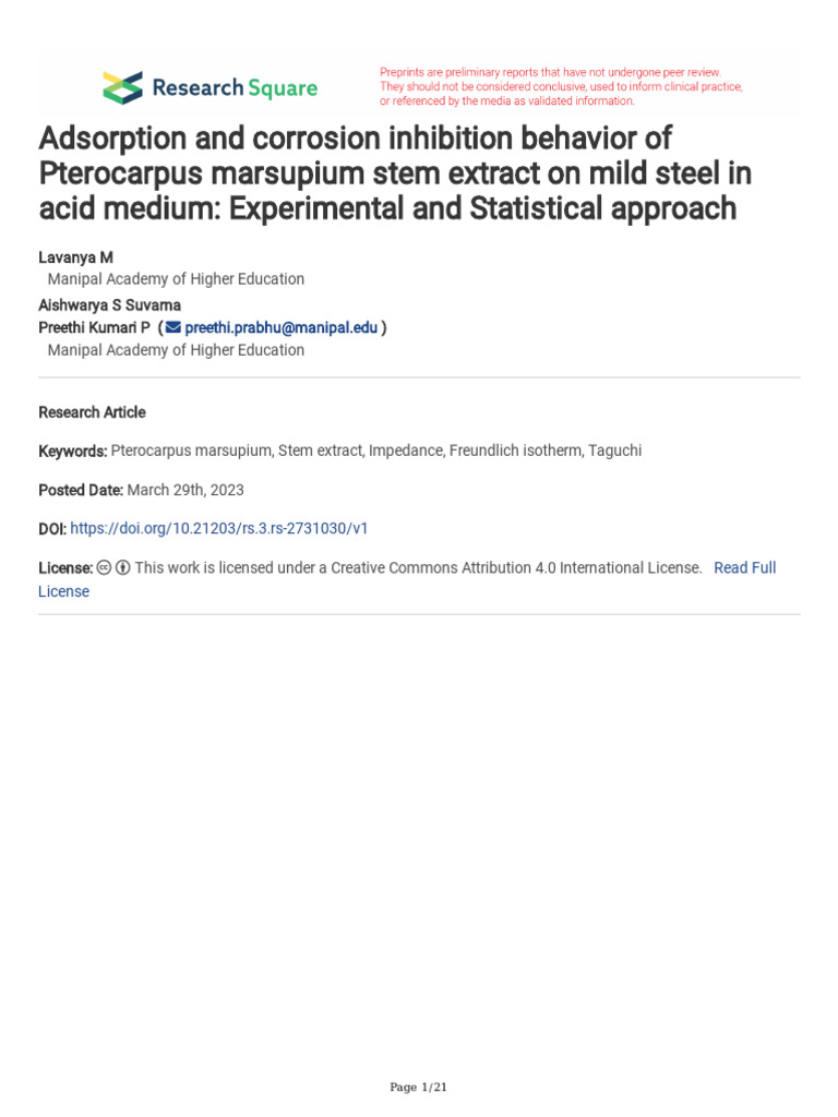Adsorption and Corrosion Inhibition Behavior of PT | PDF