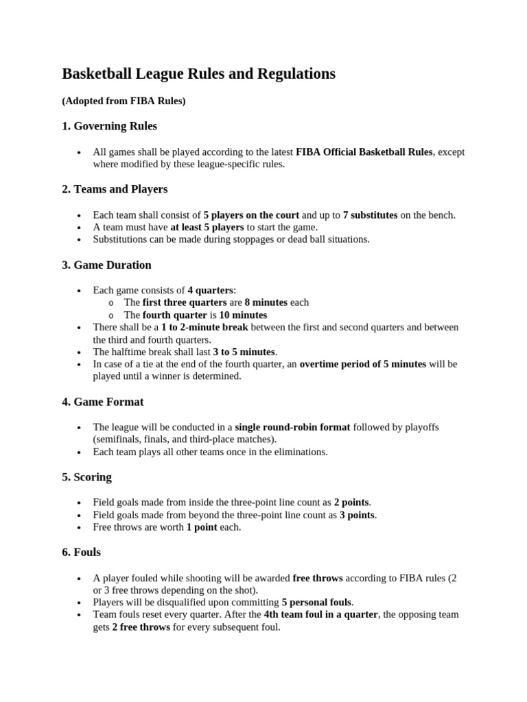 Basketball League Rules and Regulations | PDF | Games Of Physical Skill ...