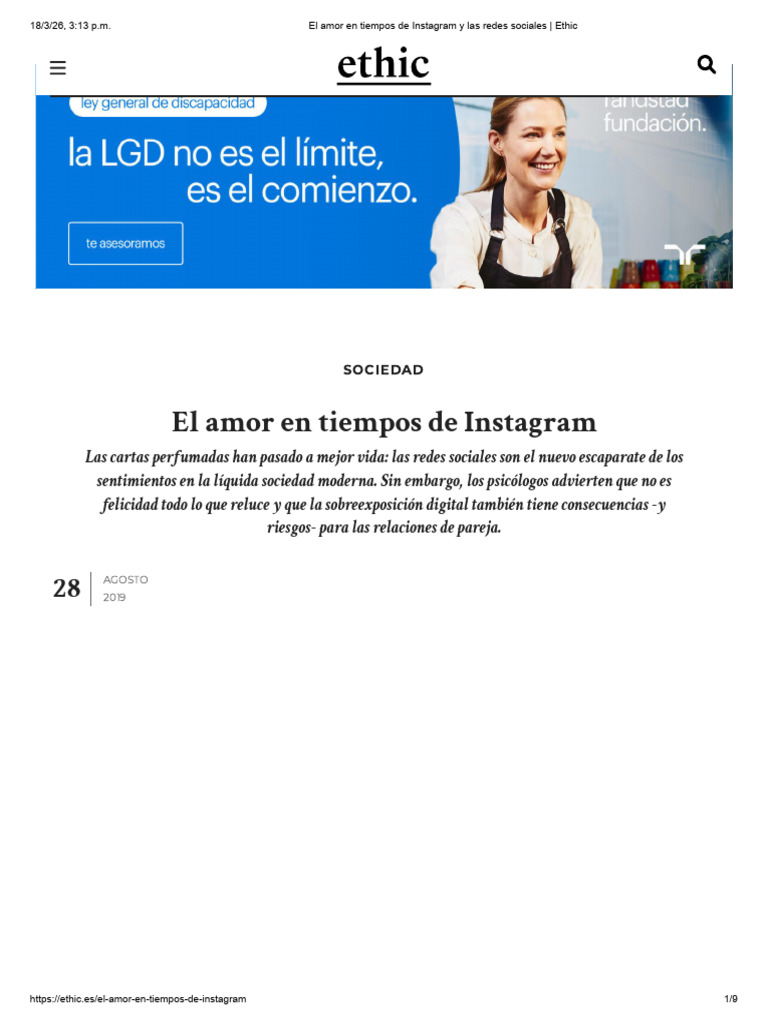 El Amor en Tiempos de Instagram y Las Redes Sociales - Ethic | PDF