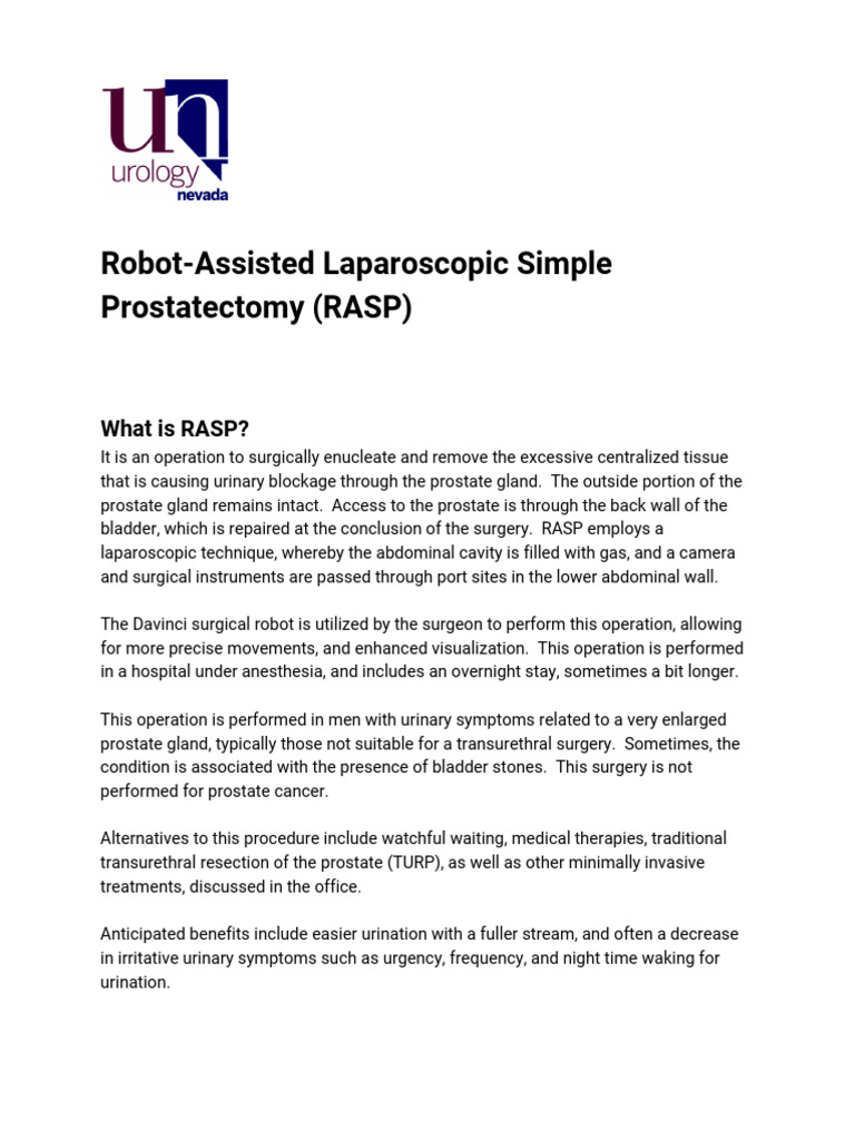 Robot Assisted Laparoscopic Simple Prostatectomy RASP | PDF