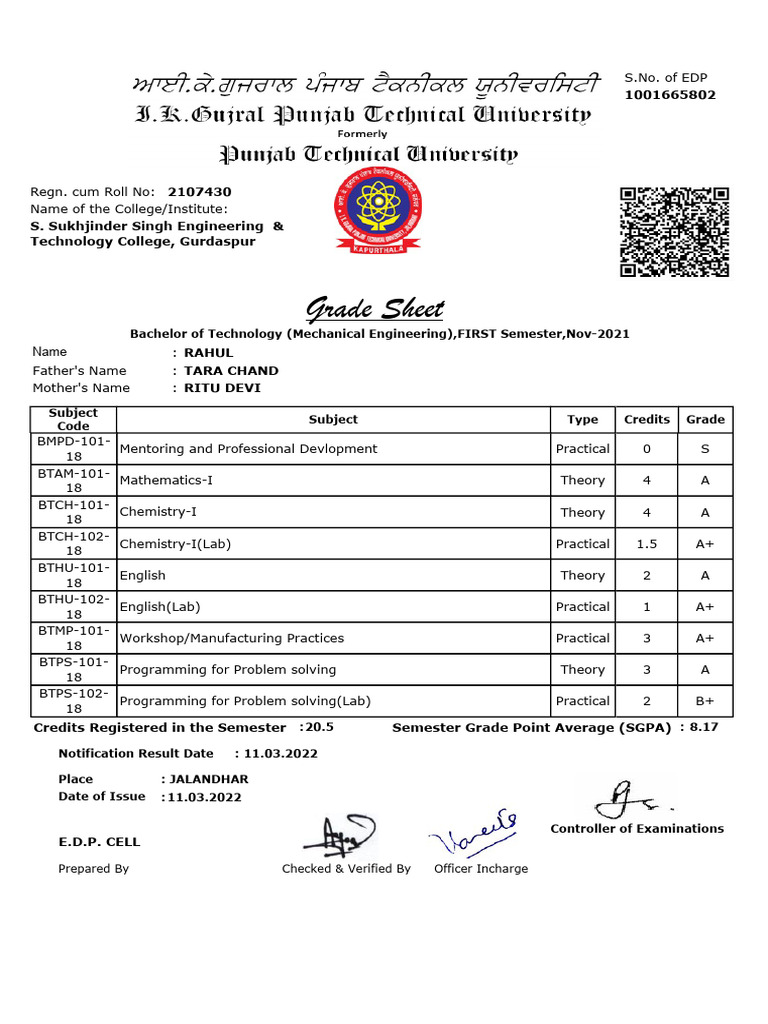 Grade Sheet: Bachelor of Technology (Mechanical Engineering), FIRST ...