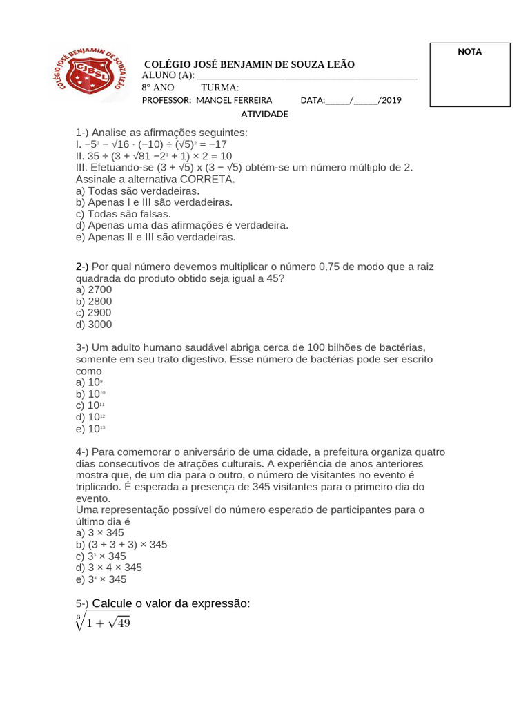 Atividade para o 8° Ano C | PDF