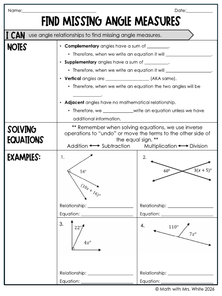 Find Missing Angle Measures Worksheet | PDF